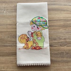 Vintage Counted Cross Stitch Crocheted Edges Appliques Child & Puppy Dog Towel
